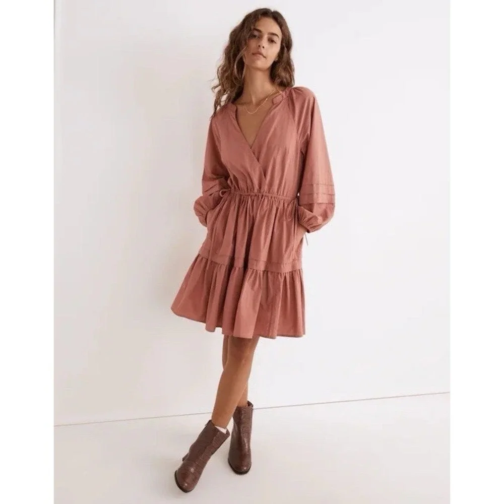 Madewell Large Cotton Poplin Tiered Mini Dress Mauve Boho Cottagecore $128 NWT - Picture 1 of 11